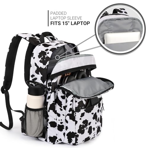 ZORFIN 26L Backpack for College, and Travel: Water Resistant Bookbag - Cow Print Black - Image 4