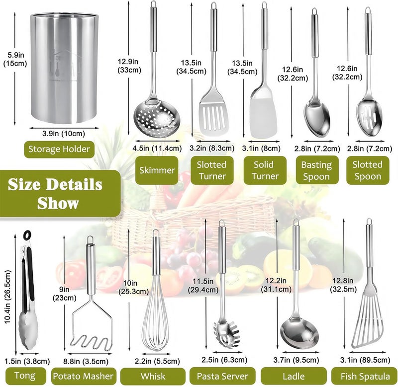 Blithely Stainless Steel Kitchen Utensils Set - 12pcs Cooking Utensils Set with Holder, Heat Resistant Kitchen Tool Set for Cooking with Turners, Potato Masher, Spatula, Spoons, Tongs, Whisk - Image 5