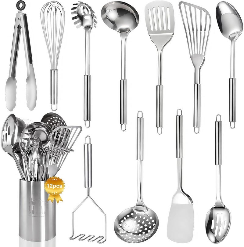 Blithely Stainless Steel Kitchen Utensils Set - 12pcs Cooking Utensils Set with Holder, Heat Resistant Kitchen Tool Set for Cooking with Turners, Potato Masher, Spatula, Spoons, Tongs, Whisk - Image 1