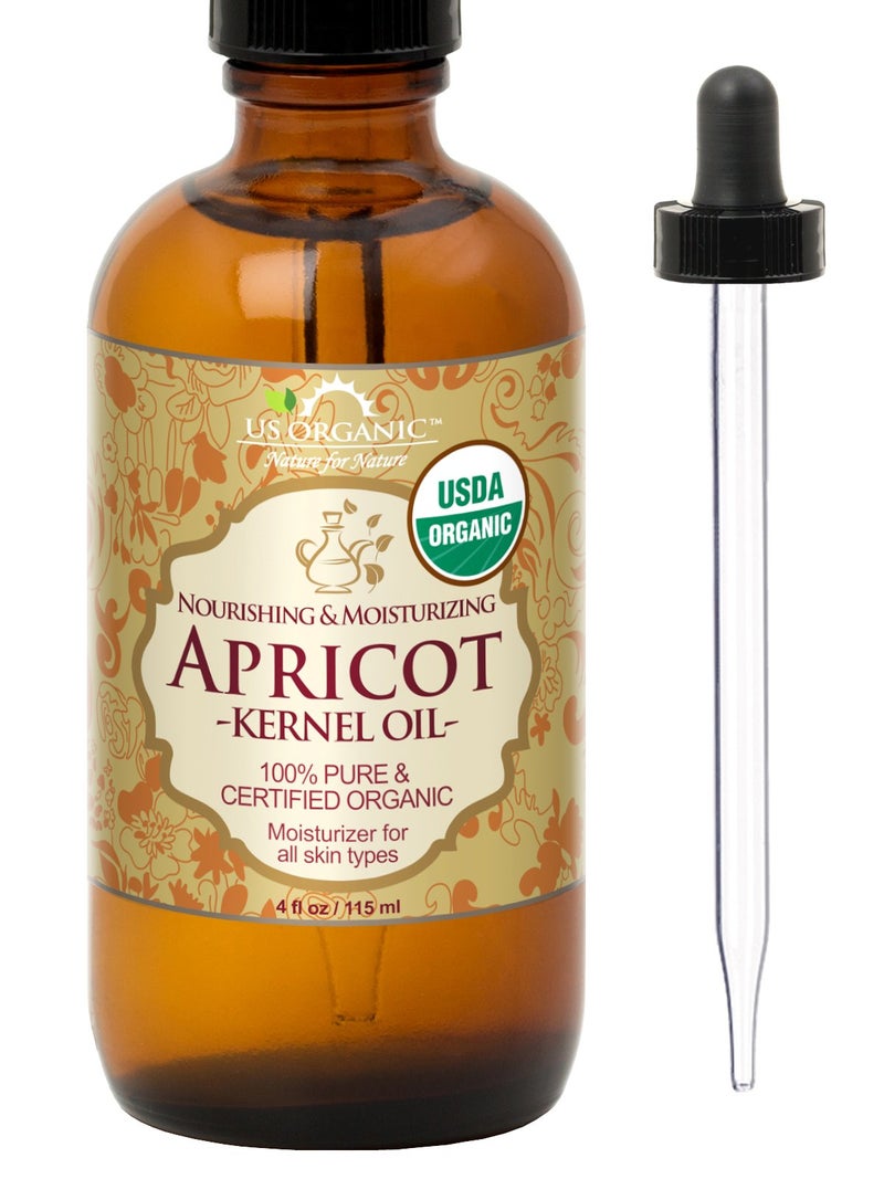 US Organic Apricot Kernel Oil, USDA Certified Organic,100% Pure & Natural, Cold Pressed Virgin, Unrefined in Amber Glass Bottle w/Glass Eyedropper for Easy Application (4 oz (Large)) - Image 1