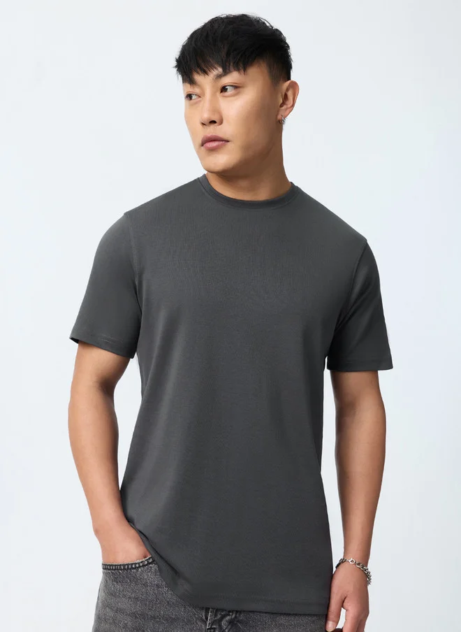 The Souled Store Men Regular Fit Solid Steel Supima T-Shirt