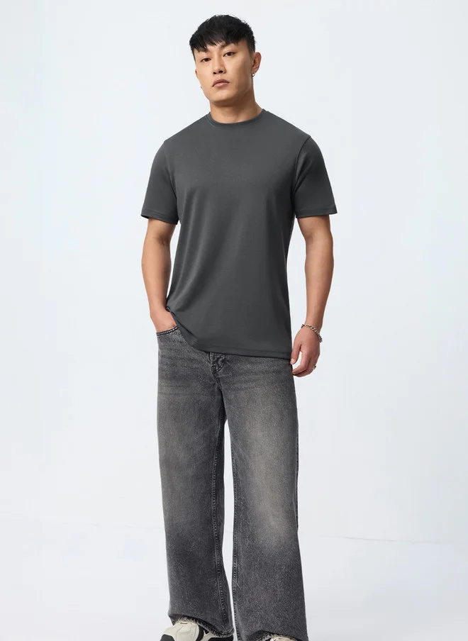The Souled Store  The Souled Store Men Regular Fit Solid Steel Supima T-Shirt  | Best Price UAE