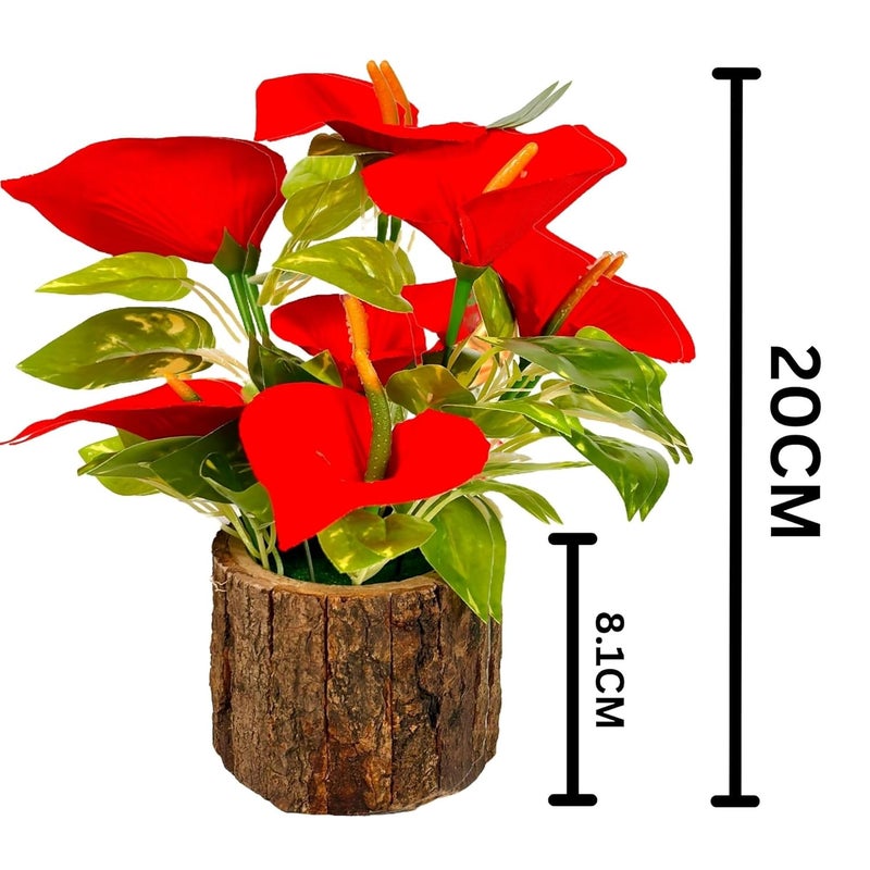 Dekorly Artificial Sunflowers, Rose, Anthurium Fake Flowers Potted Artificial Plants Decorative Artificial Flowers Indoors for Home Office | Natural Wooden Pot (Anthurium, Height : 18CM) - Image 2