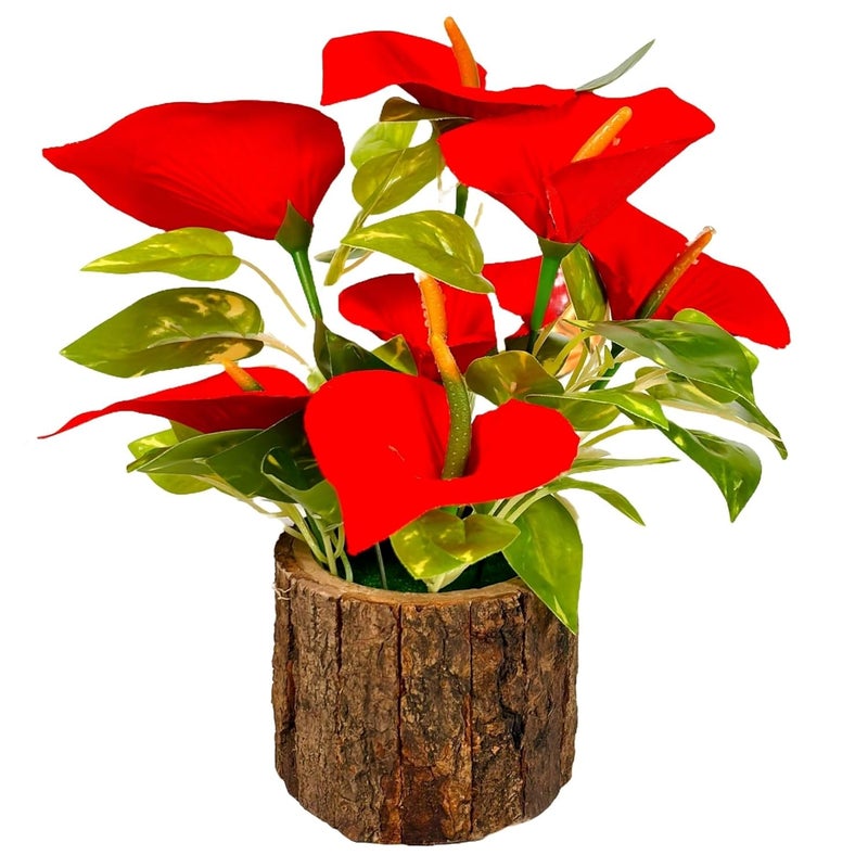 Dekorly Artificial Sunflowers, Rose, Anthurium Fake Flowers Potted Artificial Plants Decorative Artificial Flowers Indoors for Home Office | Natural Wooden Pot (Anthurium, Height : 18CM) - Image 1
