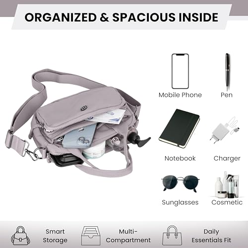 TS WITH TECHSUN Women Crossbody Sling Bag Handbag for Travel Office Shopping Casual Use, Waterproof Nylon Shoulder Purse with Adjustable Strap Multipocket Compact Organizer (Light Grey) - Image 5