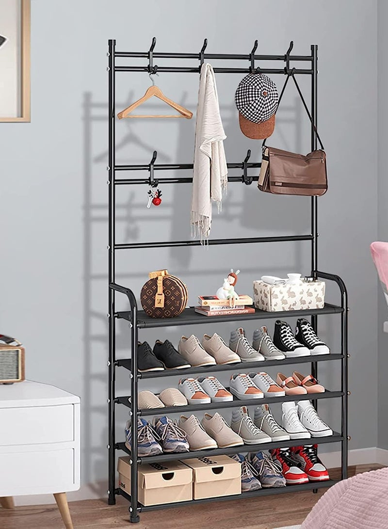 Versatile Entryway Organizer – 5 Tier Shoe Rack with Clothes and Bag Hangers, Stylish Metal Design, Space Saving and Perfect for Home or Office - Image 1