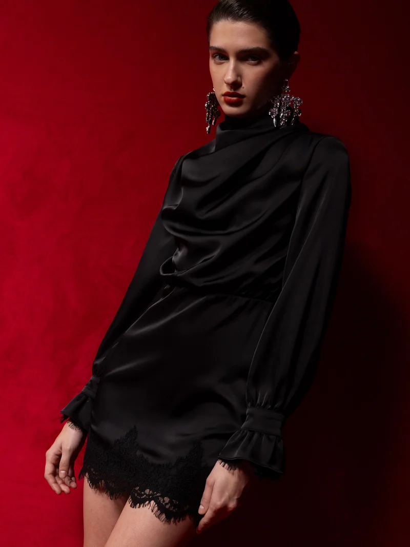 ليتشي Satin mini dress with draping on the bodice and lace