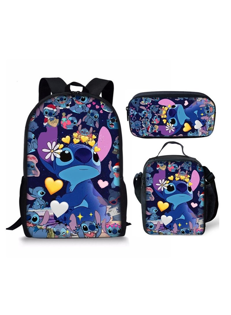 Y&D 3 Piece Stitch 3D Print Insulated Lunch Backpack Set School Bag For Kids Multicolour - Image 1