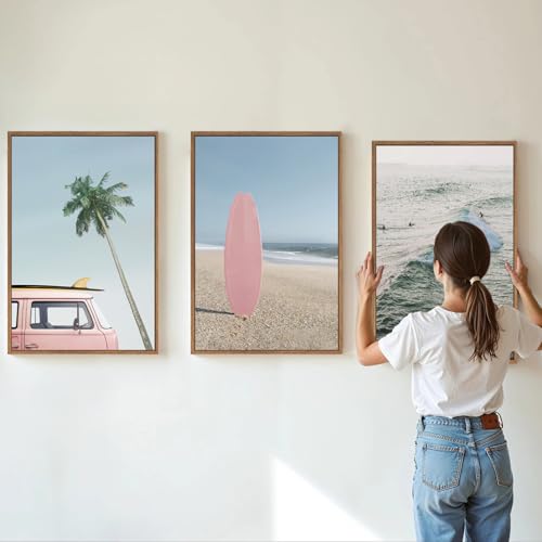 Tinonedraw Large Ocean Beach Framed Canvas Wall Art Summer Coastal Surfboard Wall Decor Palm Tree Pink Car Artwork Modern Surfing Seascape Art Prints for Living Room Bedroom Office 16x24x3 - Image 3