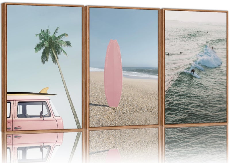 Tinonedraw Large Ocean Beach Framed Canvas Wall Art Summer Coastal Surfboard Wall Decor Palm Tree Pink Car Artwork Modern Surfing Seascape Art Prints for Living Room Bedroom Office 16x24x3 - Image 2