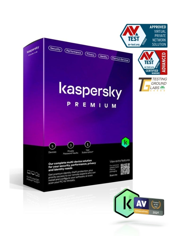 Kaspersky Kaspersky Premium Total Security for 5 Devices - 3 Private Password Vaults - 1 Year Subscription| Box W/o CD | KL1047I5EFS-SLIM  - Image 1
