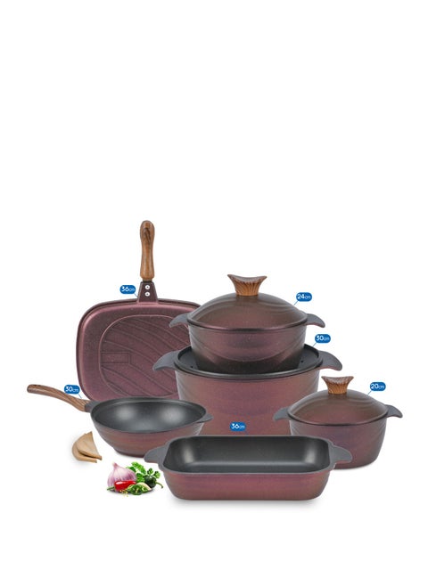 9-Piece Non-Stick Granite Square Cookware Set 3 Pots (20-24-30) + Wok 30 + Casserole 36 + Double Grill 36-Royal