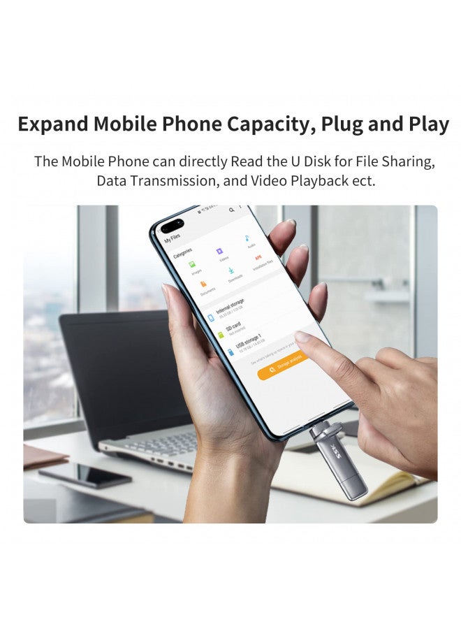 SSK محرك فلاش SSK بسعة 128 جيجابايت مزدوج USB C، 2 في 1 نوع C + USB A 3.2 جين 2، محرك ثابت بسرعة تصل إلى 550 ميجابايت/ثانية، تخزين بيانات لموبايل آيفون 15، ثندربولت 3، هاتف أندرويد، تابلت، لابتوب - Image 4
