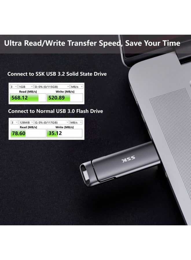 SSK محرك فلاش SSK بسعة 128 جيجابايت مزدوج USB C، 2 في 1 نوع C + USB A 3.2 جين 2، محرك ثابت بسرعة تصل إلى 550 ميجابايت/ثانية، تخزين بيانات لموبايل آيفون 15، ثندربولت 3، هاتف أندرويد، تابلت، لابتوب - Image 2