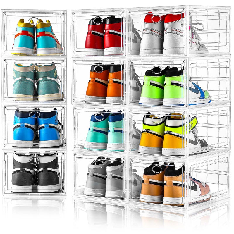 Amllas 12 Pack Clear Shoe Boxes Stackable,Shoe Storage Boxes for Closet,Sturdy Shoe Box Storage Containers with Clear Door,Sneaker Storage,Easy to Assemble,Fit up to US Size 12(13.8â€x 9.84â€x 7.1â€) - Image 1