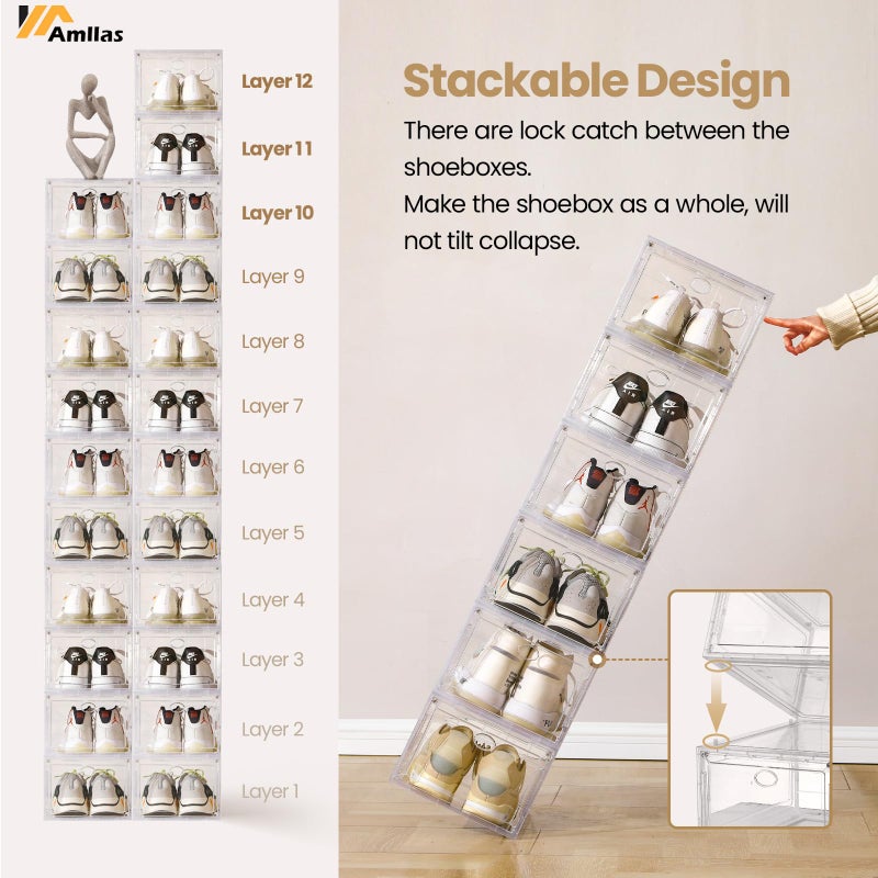 Amllas 12 Pack Clear Shoe Boxes Stackable,Shoe Storage Boxes for Closet,Sturdy Shoe Box Storage Containers with Clear Door,Sneaker Storage,Easy to Assemble,Fit up to US Size 12(13.8â€x 9.84â€x 7.1â€) - Image 4