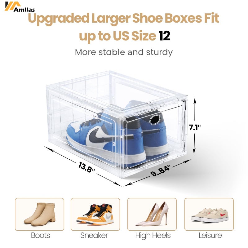 Amllas 12 Pack Clear Shoe Boxes Stackable,Shoe Storage Boxes for Closet,Sturdy Shoe Box Storage Containers with Clear Door,Sneaker Storage,Easy to Assemble,Fit up to US Size 12(13.8â€x 9.84â€x 7.1â€) - Image 2