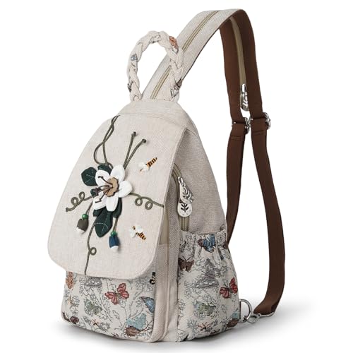 AULUDA Ladys Convertible Sling Bag, Hand Craft Artisan Purse, Girls Beautiful Canvas Premium Casual Day Mini Backpack for Women (Flower Bee) - Image 1