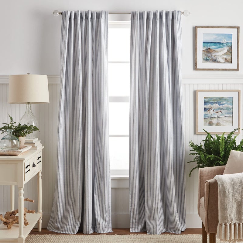 Martha Stewart Ticking Stripe Blackout Lining Rod PocketBack Tab Window Curtain Panel Pair 95 WhiteIndigo