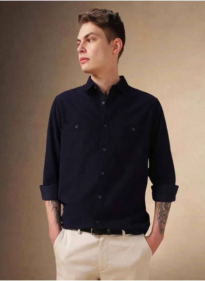 Dennis Lingo Solid Relaxed Fit Spread Collar Curved Hem Shirt