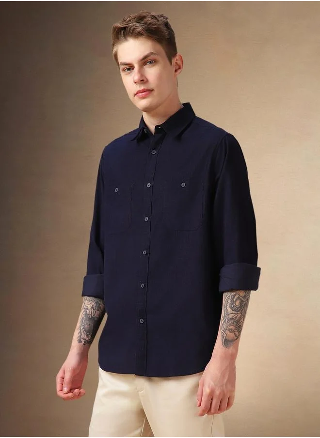 Dennis Lingo Solid Relaxed Fit Spread Collar Curved Hem Shirt