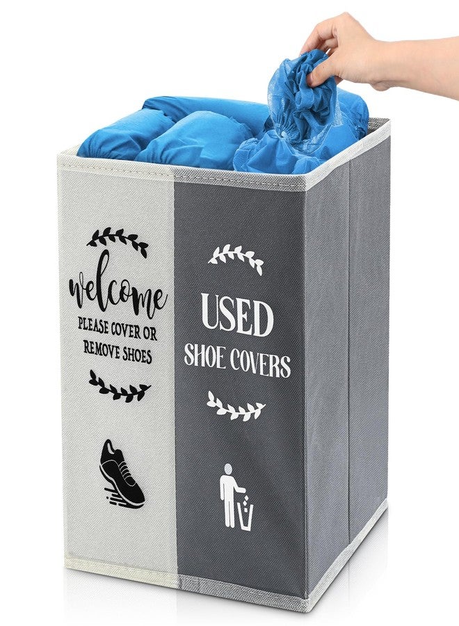 Singhoow Shoe Cover Box Dispenser Foldable Storage Bin Holder with Used Shoe Covers and Welcome Please or Remove Sign for Open House Supplies(Beige, Gray) - Image 1
