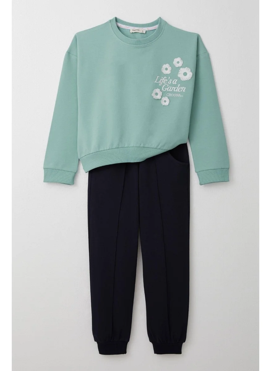بريز Girls Tracksuit Slogan Themed Tasseled Flower Embroidered 4-9 Years, Aqua Green