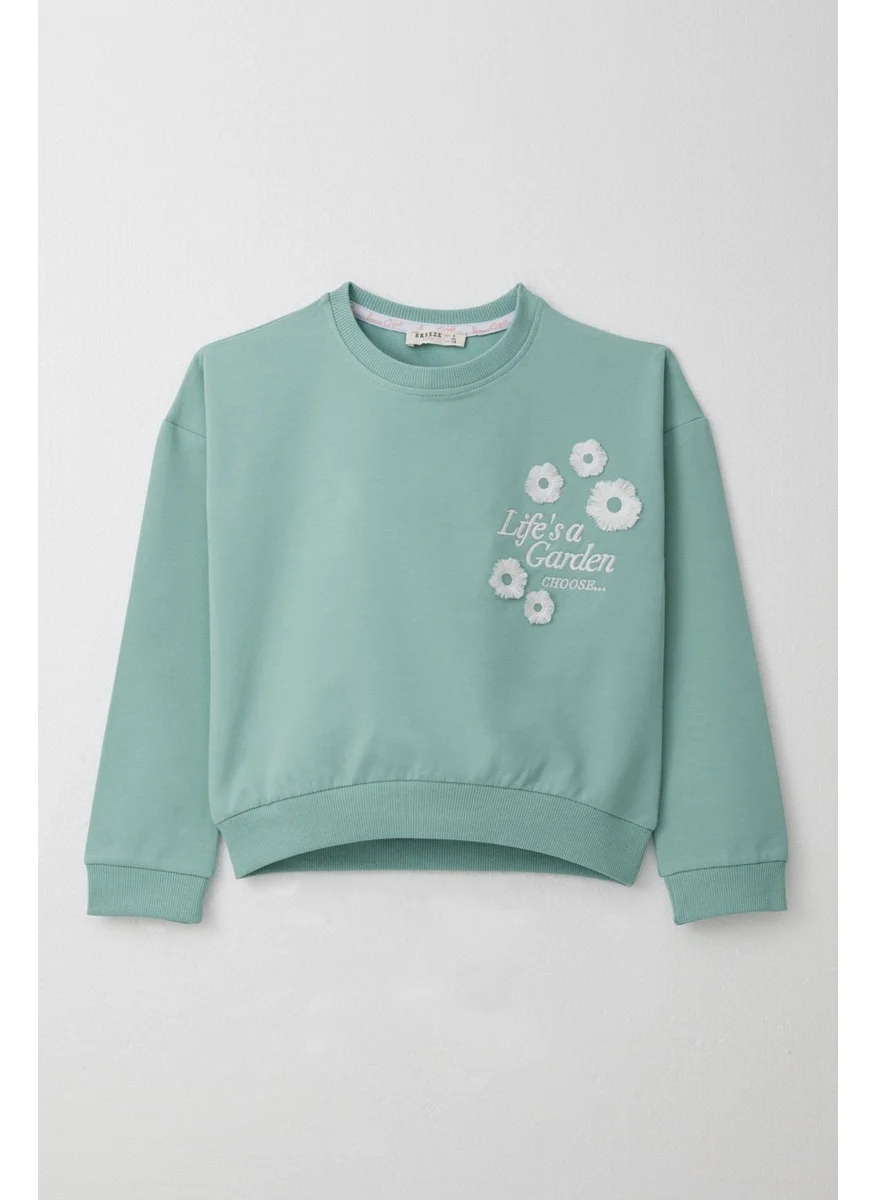 بريز Girls Tracksuit Slogan Themed Tasseled Flower Embroidered 4-9 Years, Aqua Green