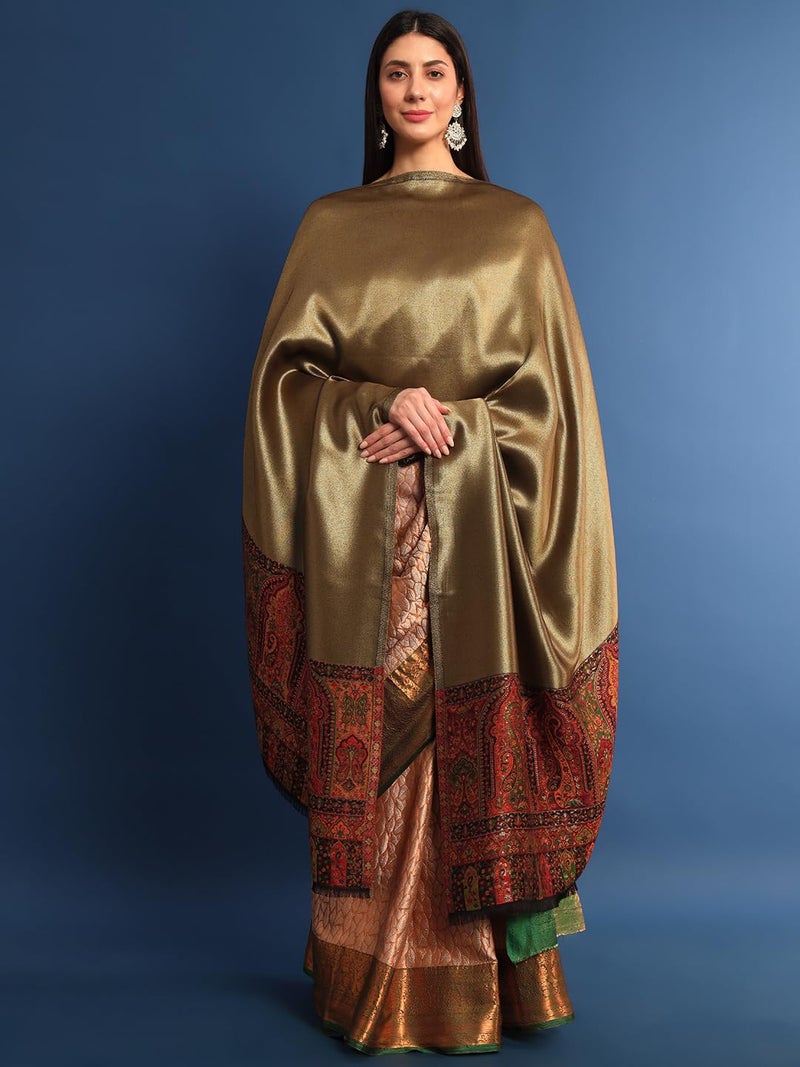 Pashmoda Women Mehroom Zari Kaani Border Fine Wool Shawl, Shawl, Scarf, Heritage Kashmiri Pashmina Stole, Evening Wrap (Size: 101 X 203 CM) - Image 2