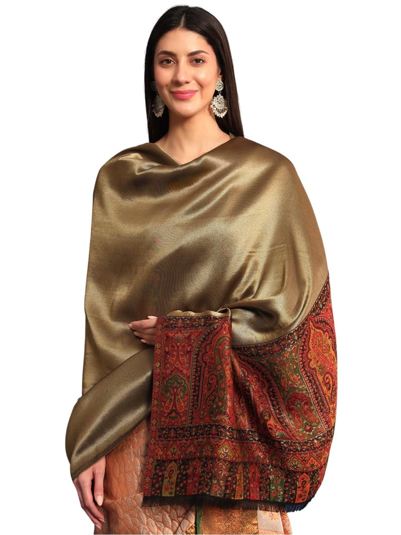 Pashmoda Women Mehroom Zari Kaani Border Fine Wool Shawl, Shawl, Scarf, Heritage Kashmiri Pashmina Stole, Evening Wrap (Size: 101 X 203 CM) - Image 1