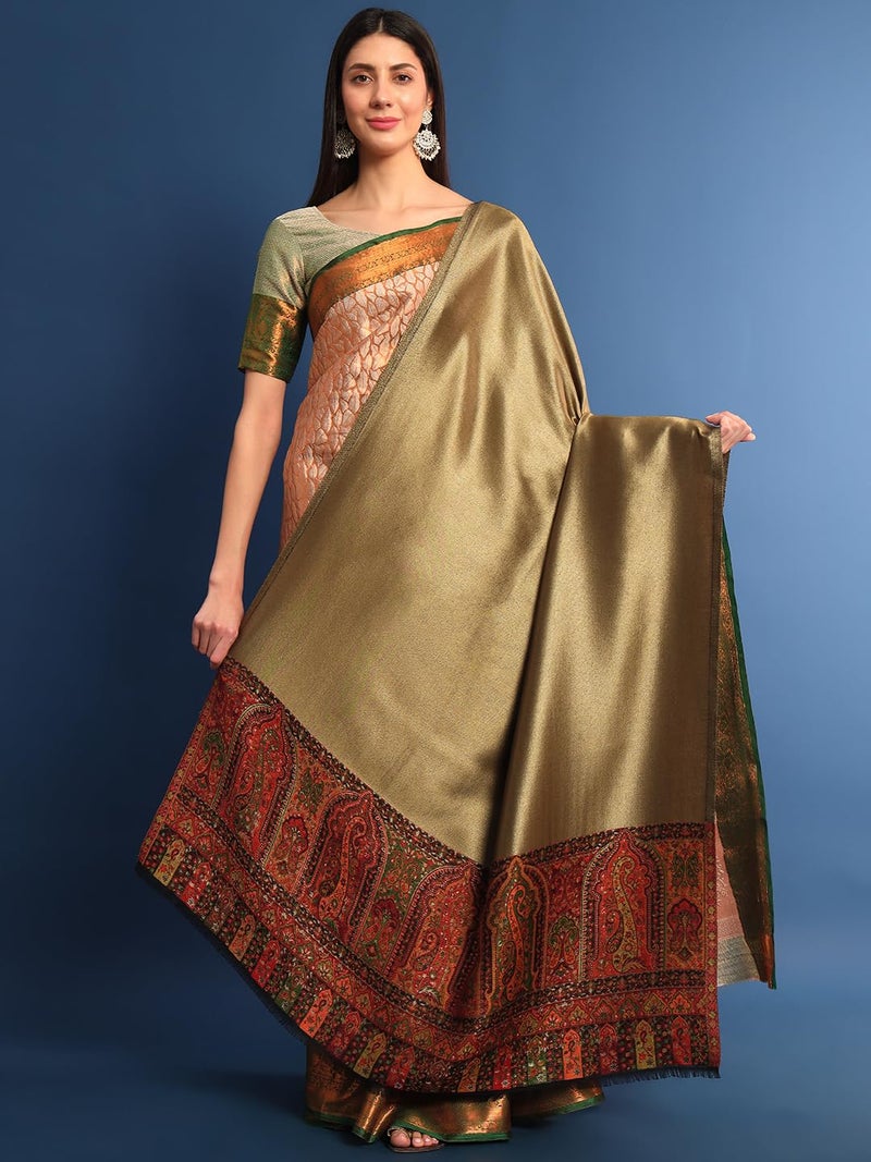 Pashmoda Women Mehroom Zari Kaani Border Fine Wool Shawl, Shawl, Scarf, Heritage Kashmiri Pashmina Stole, Evening Wrap (Size: 101 X 203 CM) - Image 3