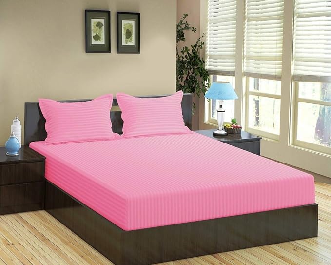 HOME ELITE 300 TC 100% Cotton Satin Stripes King Bed Sheet & 2 Pillow Covers Set for Hotels, B&B (Blush Pink, Double Bed, Flat Stripe Bedsheet) (90x100 Inches) - Image 2