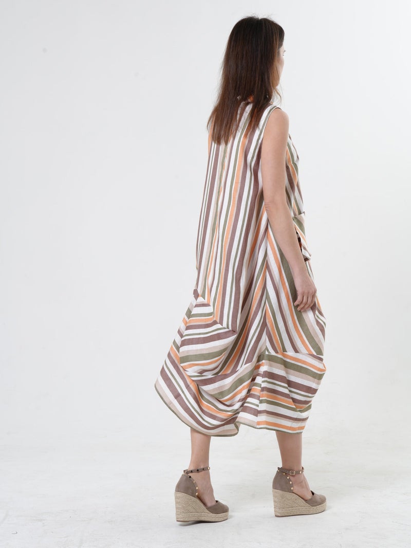 ميتامورفوزا فستان ميدي كتان مخطط بألوان زاهية (إشراقة صيفية) - Image 4