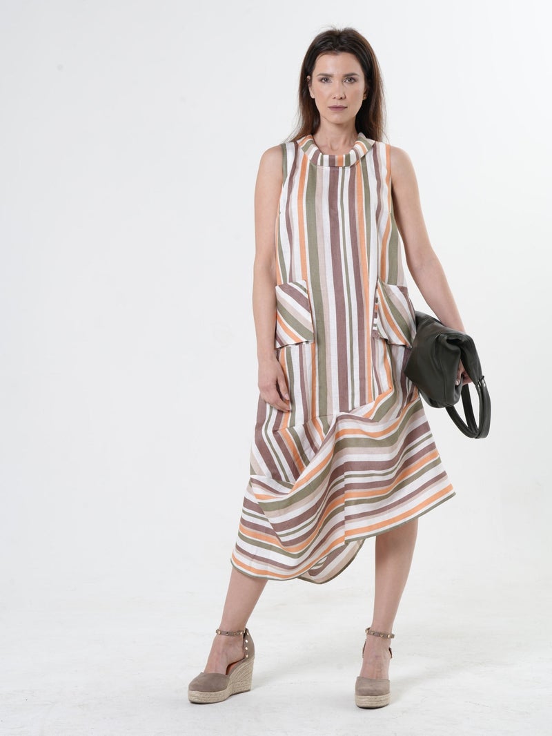 ميتامورفوزا فستان ميدي كتان مخطط بألوان زاهية (إشراقة صيفية) - Image 1