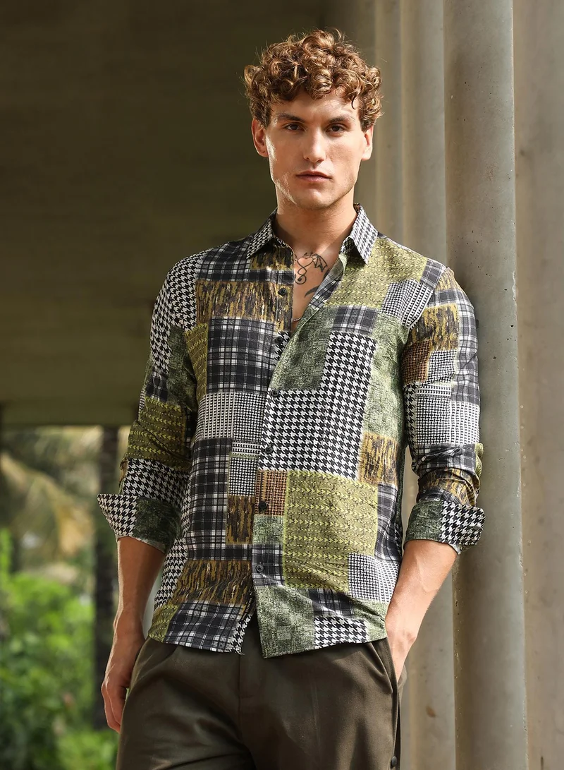 Campus Sutra Men's Olive Green Houndstooth Block Shirt For Casual Wear | Spread Collar | Long Cuffed Sleeves | Button Closure | Shirt Crafted With Comfort Fit For Everyday Wear