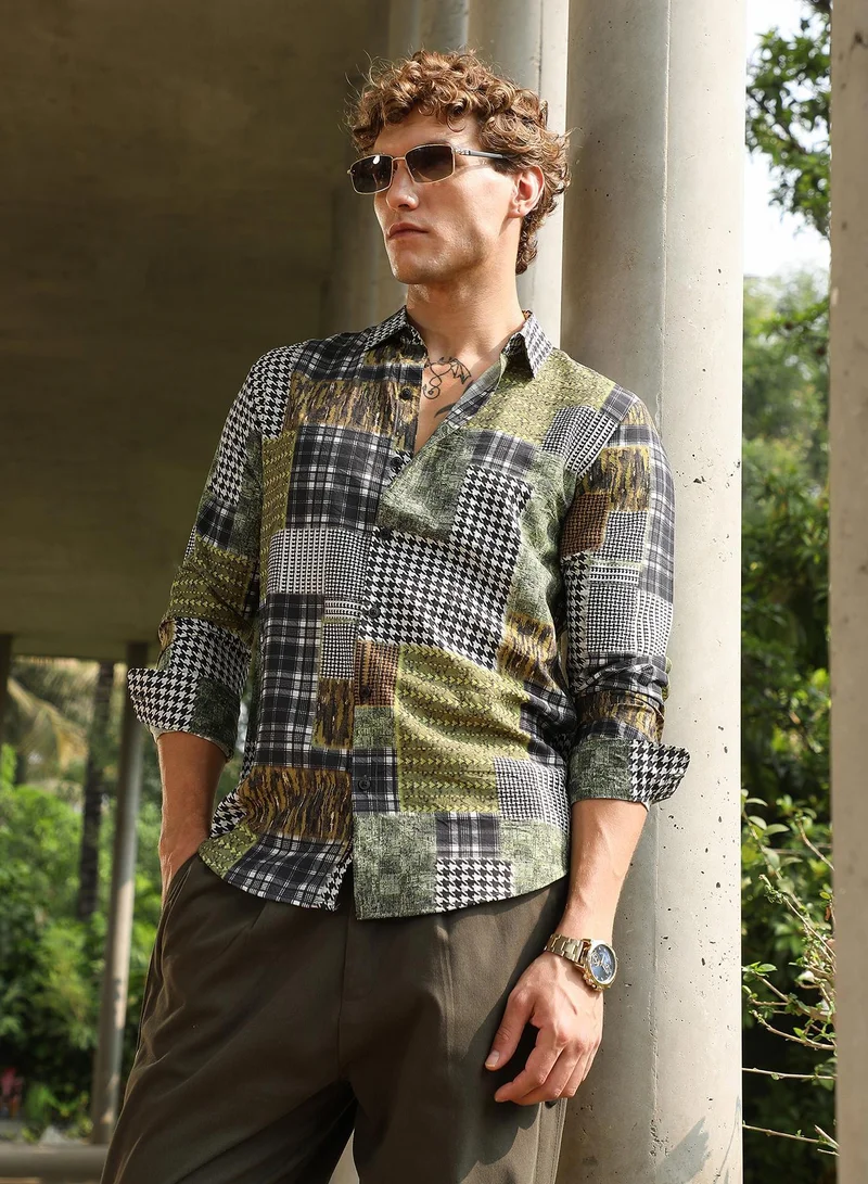Campus Sutra Men's Olive Green Houndstooth Block Shirt For Casual Wear | Spread Collar | Long Cuffed Sleeves | Button Closure | Shirt Crafted With Comfort Fit For Everyday Wear