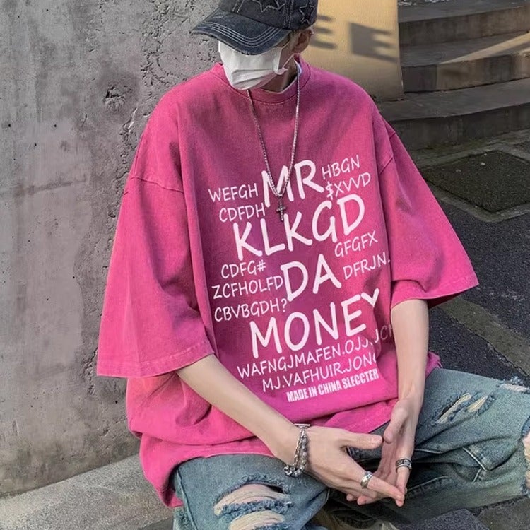 Pink Short-Sleeved Men's Summer Washed and Distressed American Style 2025 Heavyweight Short-Sleeved Trendy Brand Large Size Hip-Hop T-Shirt - Image 2