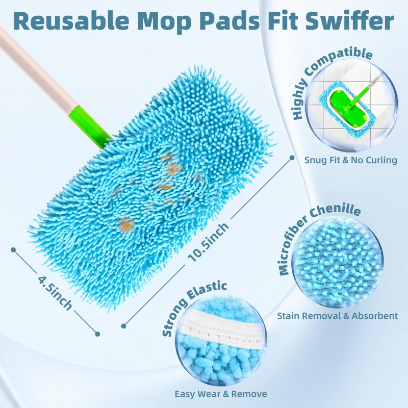 LOVECO Reusable Mop Pads Compatible with Swiffer Sweeper Mop, Washable Wet Pads Refill & Chenille Dry Sweeping Cloths, Microfiber Mop Pads for Use on All Sealed Floors - Wood, Laminate, Stone & Tile (6 Blue) - Image 3