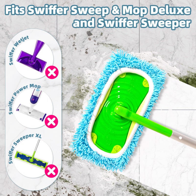 LOVECO Reusable Mop Pads Compatible with Swiffer Sweeper Mop, Washable Wet Pads Refill & Chenille Dry Sweeping Cloths, Microfiber Mop Pads for Use on All Sealed Floors - Wood, Laminate, Stone & Tile (6 Blue) - Image 2