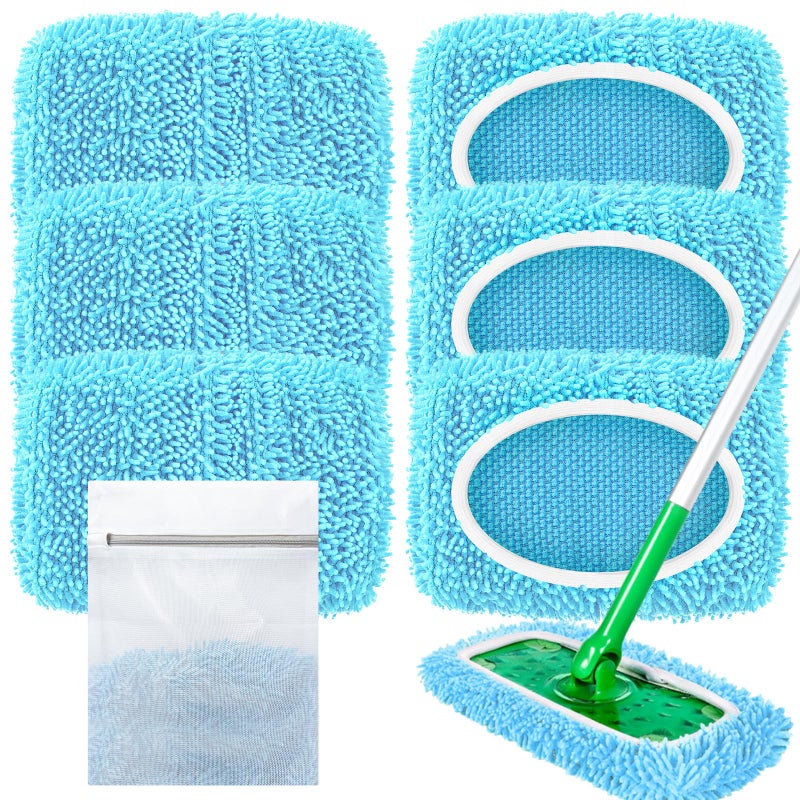LOVECO Reusable Mop Pads Compatible with Swiffer Sweeper Mop, Washable Wet Pads Refill & Chenille Dry Sweeping Cloths, Microfiber Mop Pads for Use on All Sealed Floors - Wood, Laminate, Stone & Tile (6 Blue) - Image 1