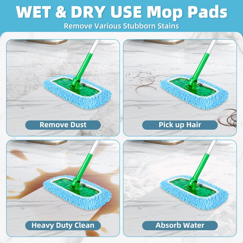 LOVECO Reusable Mop Pads Compatible with Swiffer Sweeper Mop, Washable Wet Pads Refill & Chenille Dry Sweeping Cloths, Microfiber Mop Pads for Use on All Sealed Floors - Wood, Laminate, Stone & Tile (6 Blue) - Image 5