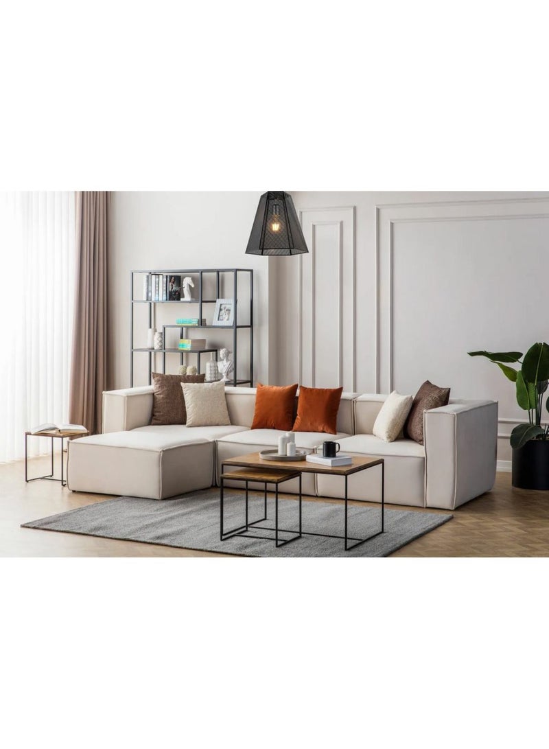 Homzmart Swedish Wood and Linen L-Shape Sofa  - Off White - Image 1