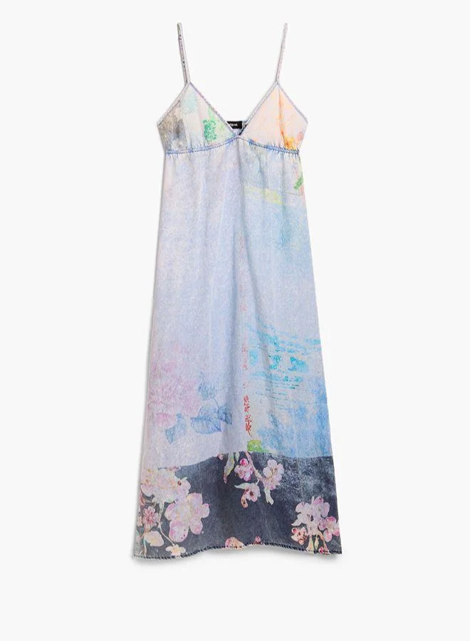 Desigual blue floral print Long Denim Strappy Dress for Women | Best Price UAE