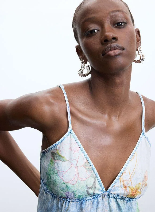 Desigual blue floral print Long Denim Strappy Dress for Women | Best Price UAE