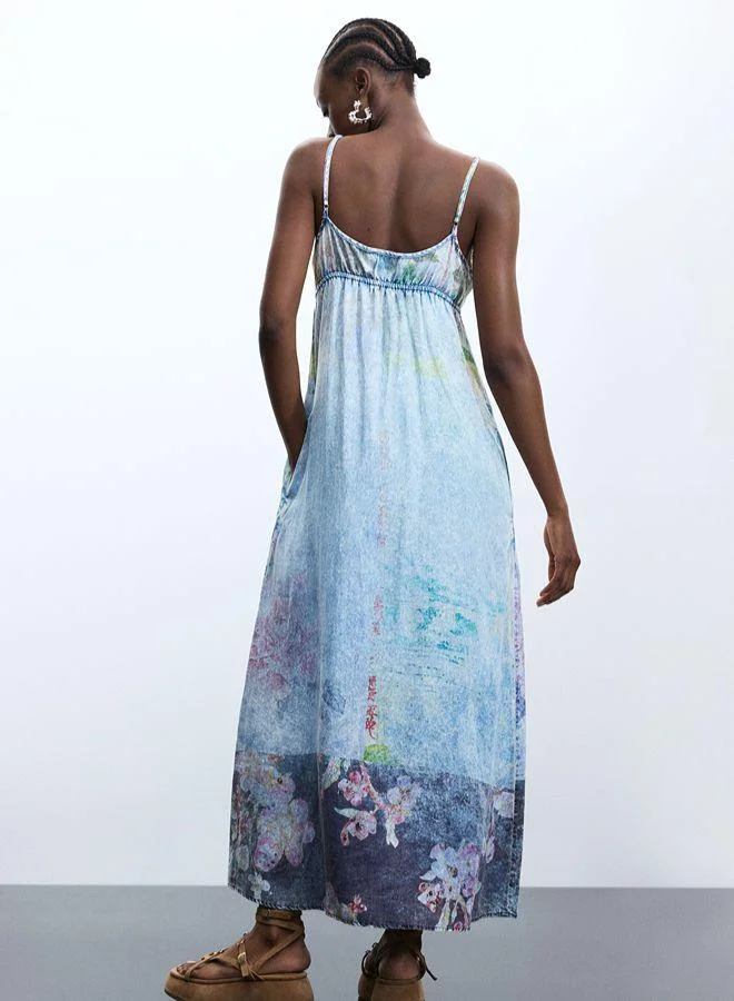 Desigual blue floral print Long Denim Strappy Dress for Women | Best Price UAE