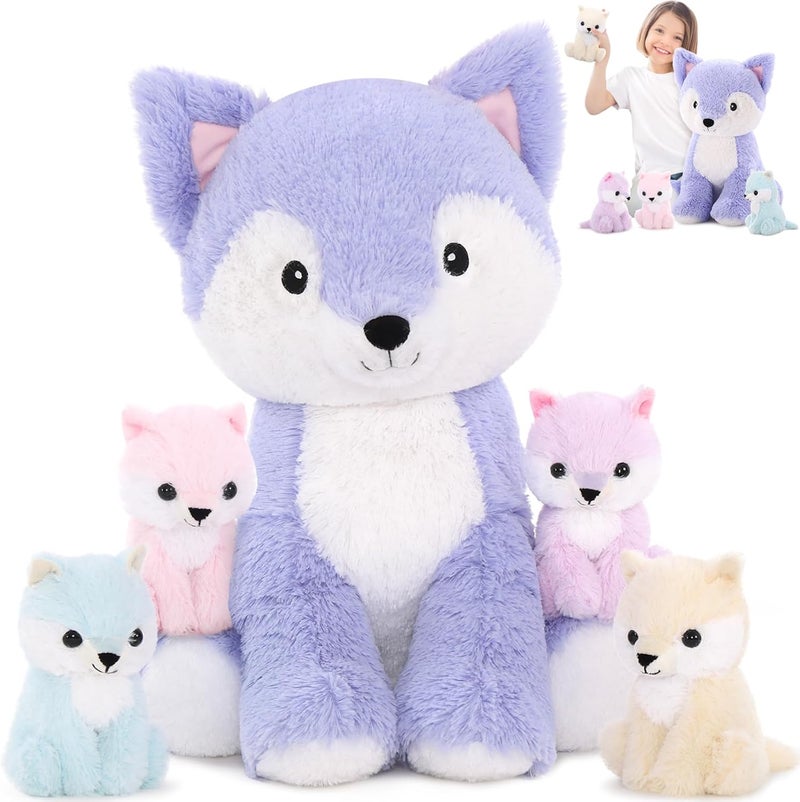MorisMos Giant Fox XXL Soft Toy, 48 cm Purple Fox Mom with 4 Kawaii Babies Soft Animals Plush Toys, Fox Teddy Large Gift for Girls, Boys, Christmas, Birthday - Image 1