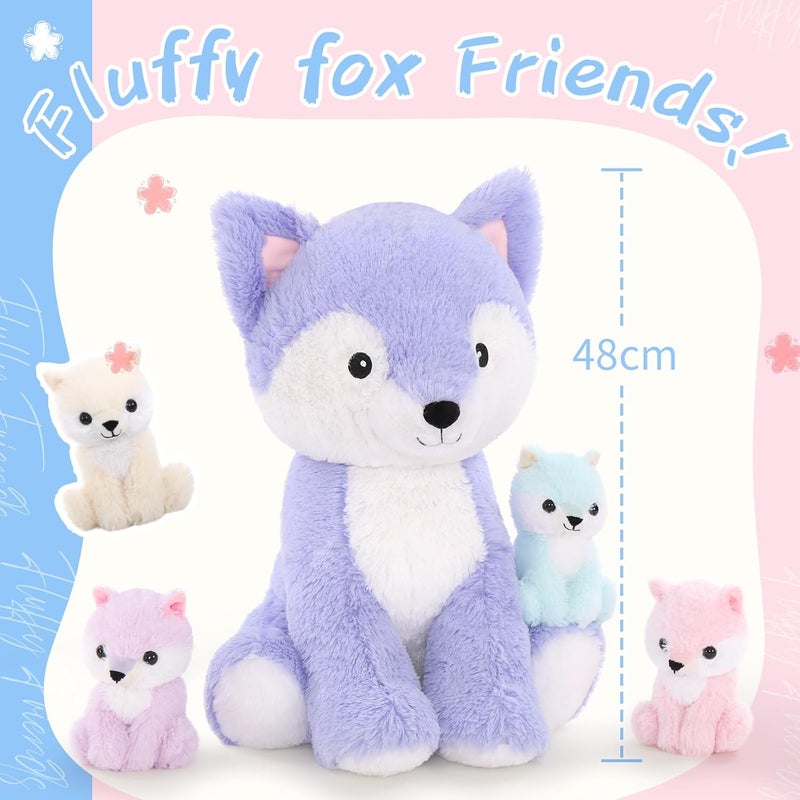 MorisMos Giant Fox XXL Soft Toy, 48 cm Purple Fox Mom with 4 Kawaii Babies Soft Animals Plush Toys, Fox Teddy Large Gift for Girls, Boys, Christmas, Birthday - Image 2