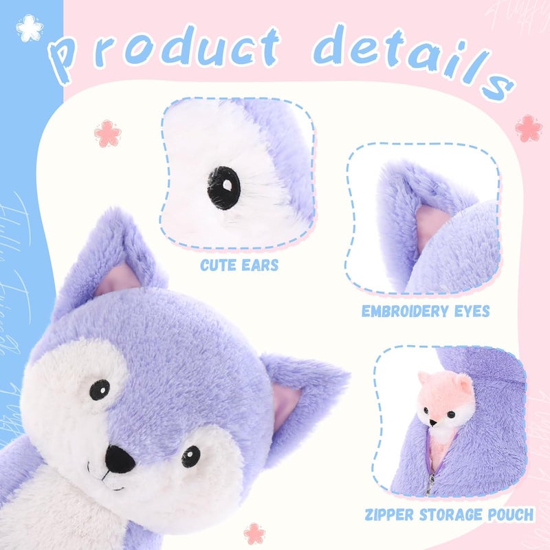 MorisMos Giant Fox XXL Soft Toy, 48 cm Purple Fox Mom with 4 Kawaii Babies Soft Animals Plush Toys, Fox Teddy Large Gift for Girls, Boys, Christmas, Birthday - Image 3