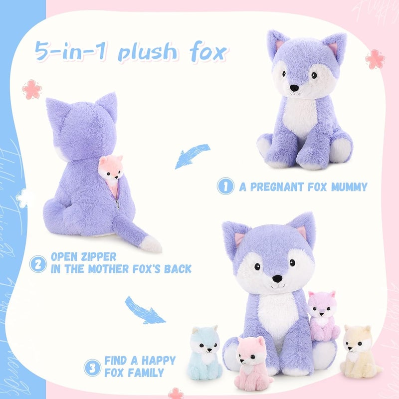 MorisMos Giant Fox XXL Soft Toy, 48 cm Purple Fox Mom with 4 Kawaii Babies Soft Animals Plush Toys, Fox Teddy Large Gift for Girls, Boys, Christmas, Birthday - Image 4
