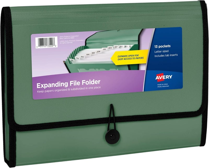 AVERY Expanding File Folder Organizer, 13-Pocket Accordion File Organizer, Sage, Holds 425 Letter/A4-Size Sheets (73555) - Image 1